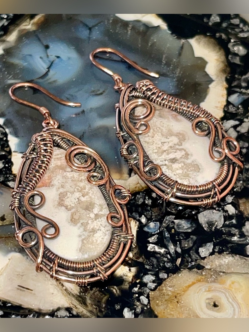 Copper Wire-wrapped Crazy Lace Agate Earrings 2 1/4” - Picture 9 of 17